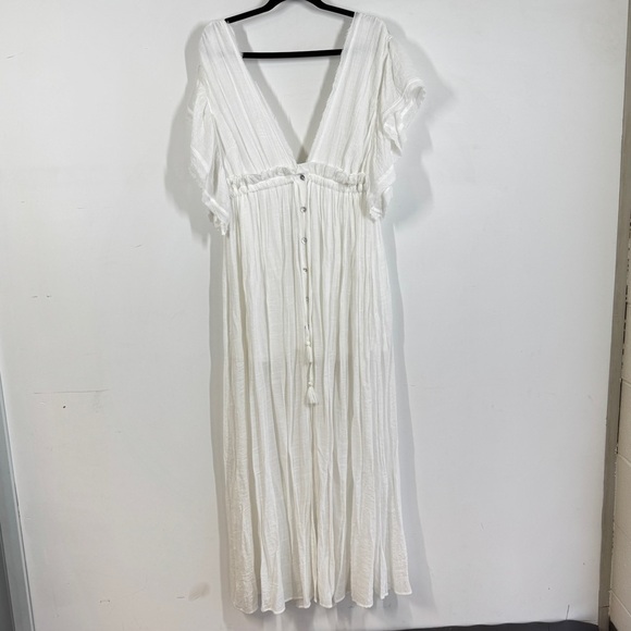 Aakaa White Boho Deep V-Neck Tassel Waist Beach Cover-Up Maxi Dress Size S - Picture 2 of 16